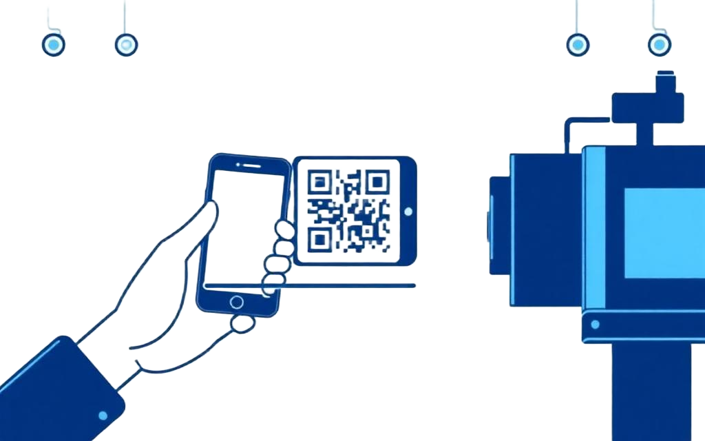 Illustration of a phone scanning a QR code sticker on a device